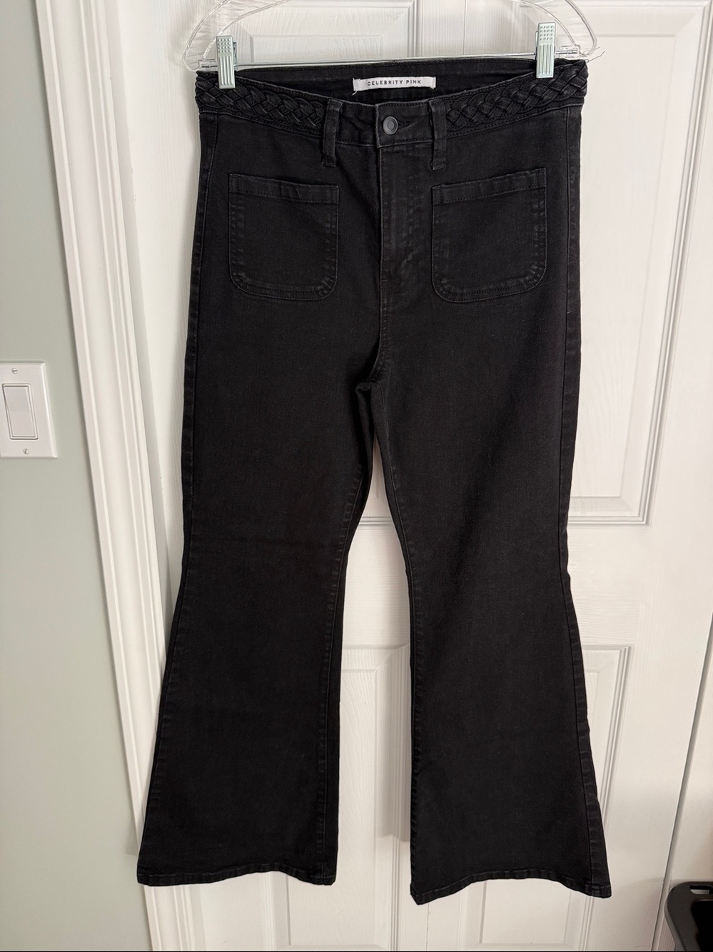 Celebrity Pink Braided Waist Patch Pocket Black Flare Women's Jeans Size 13/31